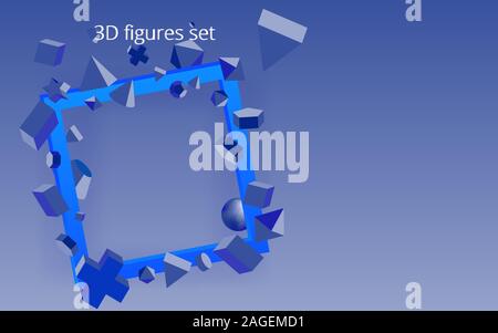 Monochrome 3D primitives with blue frame, realistic vector illustration for web and print decoration, geometric creative design Stock Vector