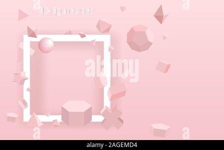 Monochrome 3D primitives with white frame, realistic vector illustration for web and print decoration, geometric creative design Stock Vector