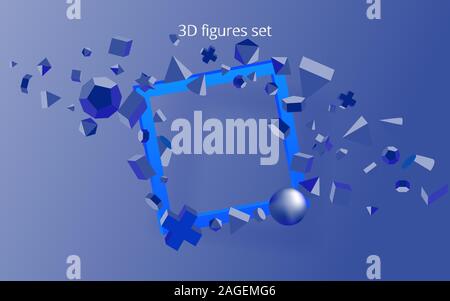 Monochrome 3D primitives with blue frame, realistic vector illustration for web and print decoration, geometric creative design Stock Vector
