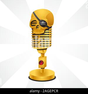 Old gold microphone and skull with headband on isolated background. Vector image Stock Vector