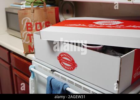 Middletown, CT / USA - November 27, 2019: Holiday catering meal kit made by Boston Market ready to be heated then served Stock Photo