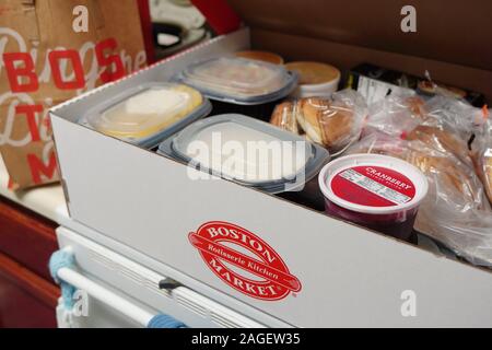 Middletown, CT / USA - November 27, 2019: Holiday catering meal kit made by Boston Market ready to be heated then served Stock Photo