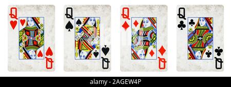 Four Queens Vintage Playing Cards - isolated on white Stock Photo