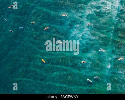 Aerial view of surfers in the ocean Stock Photo