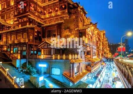 Nightscape of Hongyadong Ancient Town in Chongqing, China Stock Photo