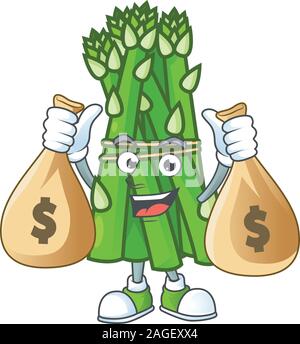 Happy asparagus cartoon character with two money bags Stock Vector