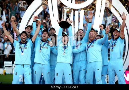 File photo dated 14-07-2019 of England celebrate winning the ICC World Cup during the ICC World Cup Final at Lord's, London. Stock Photo