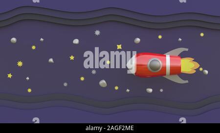 3D rendering, 3D illustrators, cartoon red spaceships  in space above the stars and meteors.