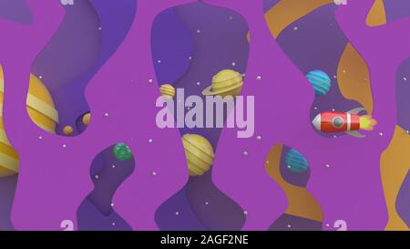 3D rendering, 3D illustrator, red spaceship, cartoon in space With planets and meteors