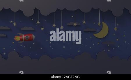 3d rendering, 3d illustrator, Cartoon red spaceship Rising into the sky through the clouds and night sky