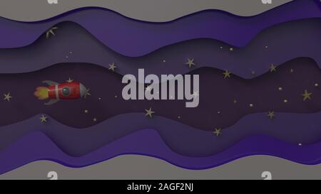 3d rendering, 3d illustrator, Cartoon red spaceship Rising into the sky through the night sky