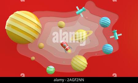 3D rendering, 3D illustrator, red spaceship, cartoon in space With planets and meteors Stock Photo