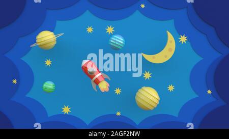 3D rendering, 3D illustrator, red spaceship, cartoon in space With planets and meteors