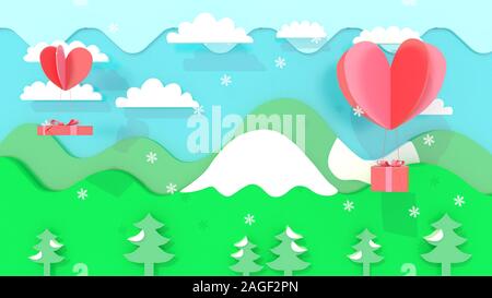 3d rendering, 3d illustrator, Sending gifts by heart. Mountain and nature views Stock Photo