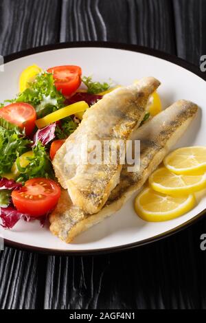 Fried zander fillet served with fresh salad closeup in a plate on the table. vertical Stock Photo