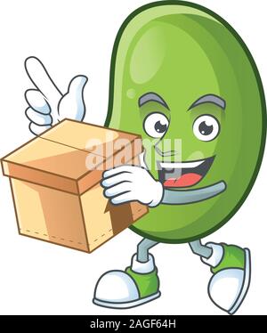 Cute green beans cartoon character style holding a box Stock Vector