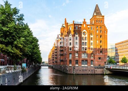 Hamburg, Germany - August 3, 2019: The Warehouse District or Speicherstadt. Wandrahmsfleet canal. UNESCO World Heritage Site Stock Photo