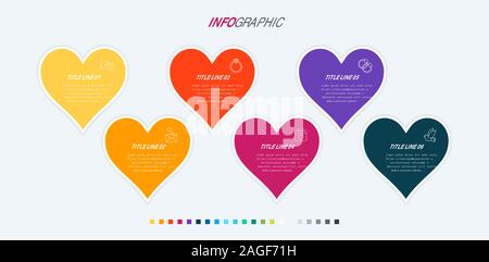 Colorful diagram, infographic template. Timeline with 6 hearts. Modular workflow process for love holidays. Vector design. Warm palette. Stock Vector