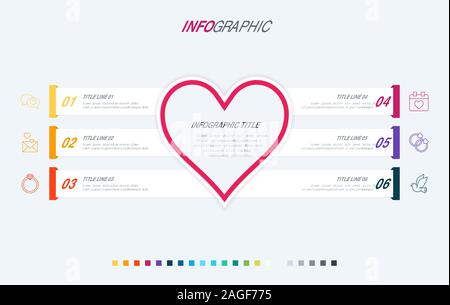 Infographic template. Love is in the air. 6 steps hearted design with beautiful colors. Vector timeline elements for presentations. Warm palette. Stock Vector