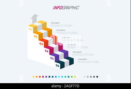 Infographic template. 6 stairs design with beautiful colors. Vector timeline elements for presentations. Warm palette. Stock Vector