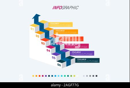 Infographic template. 6 colorful options. Stairs infographic. Design with beautiful colors. Vector timeline elements for presentations Warm palette. Stock Vector