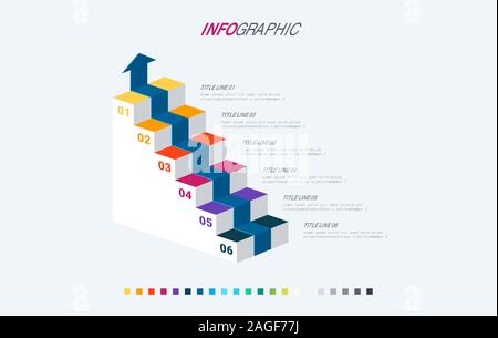 Colorful diagram, infographic template. Timeline with 6 options. Stairs workflow process for business. Vector design. Warm palette. Stock Vector