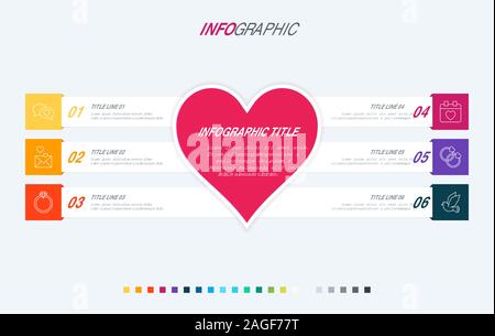 Colorful diagram, infographic template. Love infographic template with 6 steps. Heart workflow process for valentines. Vector design. Warm palette. Stock Vector