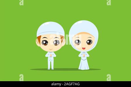 Moslem Boy and Girl on white dress. Isolated Vector Illustration Stock Vector