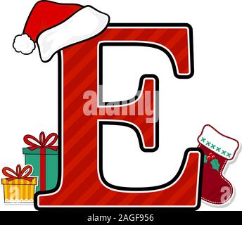 https://l450v.alamy.com/450v/2agf956/capital-letter-e-with-red-santas-hat-and-christmas-design-elements-isolated-on-white-background-can-be-used-for-holiday-season-card-nursery-decorat-2agf956.jpg
