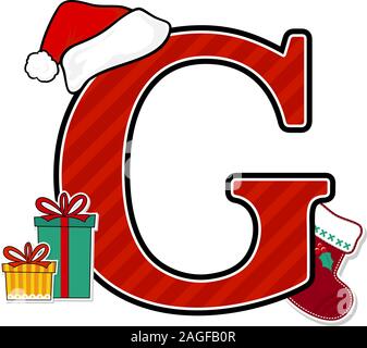 capital letter g with red santa's hat and christmas design elements isolated on white background. can be used for holiday season card, nursery decorat Stock Vector