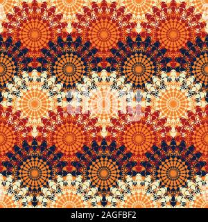seamless vector pattern with rows of decorative mandalas in red, navy blue, and white colors Stock Vector