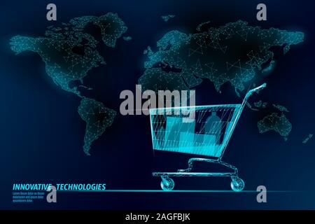 Shopping cart world map low poly design 3D. Online shop worldwide delivery sale vector illustration Stock Vector