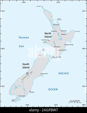 simple map of New Zealand with degrees of longitude and latitude Stock Vector