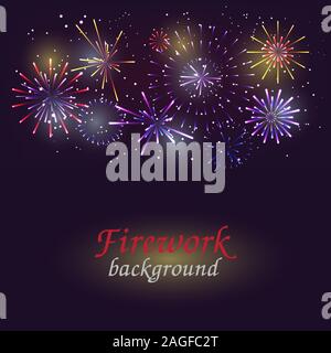 Colorful Fireworks on night sky background. Vector illustration Stock Vector