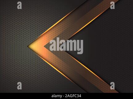 Abstract gold light arrow direction on dark grey hexagon mesh design modern luxury futuristic background vector illustration. Stock Vector