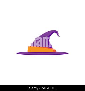 Halloween traditional witch hat with strap in cartoon and flat style on white background. Vector illustration. Stock Vector