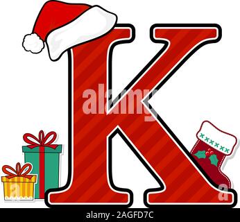 capital letter k with red santa's hat and christmas design elements isolated on white background. can be used for holiday season card, nursery decorat Stock Vector