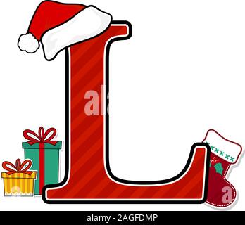 capital letter l with red santa's hat and christmas design elements isolated on white background. can be used for holiday season card, nursery decorat Stock Vector