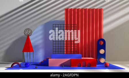 Abstract background for product design presentation mock up. Stairs, spheres and primitive elements in blue, red and pink and metallic gold colors. 3d Stock Photo
