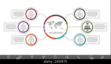 Vector infographic with main circle and 6 labels. Circles with icons for six diagrams, graph, flowchart, timeline, marketing, presentation. Creative Stock Vector