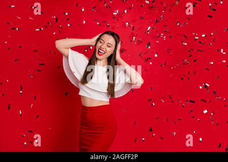 Portrait of her she nice-looking attractive lovely gorgeous feminine cheerful cheery positive lady having fun time disco isolated on bright vivid Stock Photo