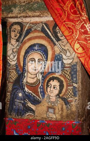 Ethiopia, Amhara Region, Lalibela, Arbatu Ensessa, Biblia Chirkos, painted nativity scene Stock Photo