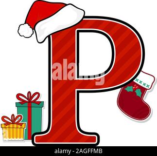 capital letter p with red santa's hat and christmas design elements isolated on white background. can be used for holiday season card, nursery decorat Stock Vector