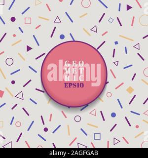 Abstract geometric triangle, square and rounded lines pastel color pattern background with pink circle frame memphis style. Vector illustration Stock Vector