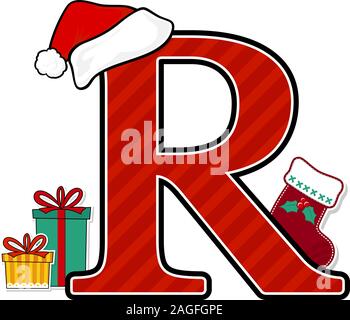 capital letter r with red santa's hat and christmas design elements isolated on white background. can be used for holiday season card, nursery decorat Stock Vector