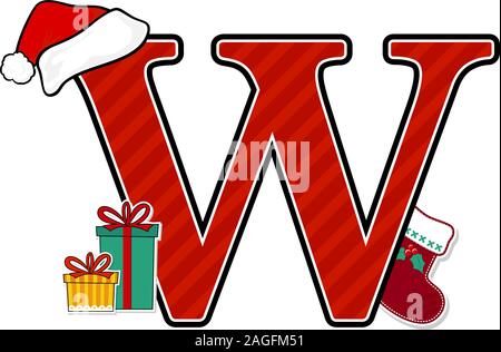 capital letter w with red santa's hat and christmas design elements isolated on white background. can be used for holiday season card, nursery decorat Stock Vector