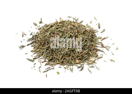 Heap of dried thyme leaves isolated on white background Stock Photo