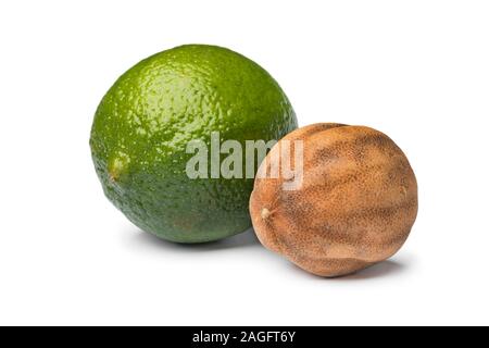 Fresh green and dried whole white limes isolated on white background Stock Photo