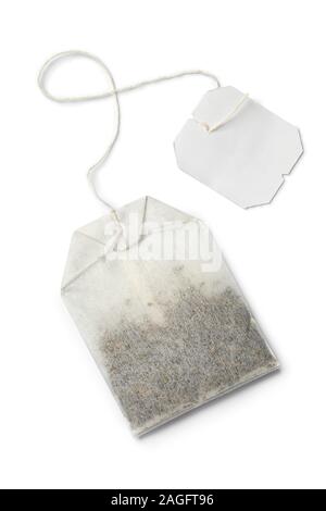 Paper tea bag with empty label isolated on white background Stock Photo