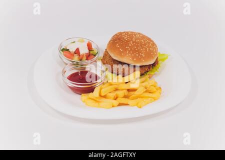 Mini Burger platter with fries Salad isolated on white background Stock Photo